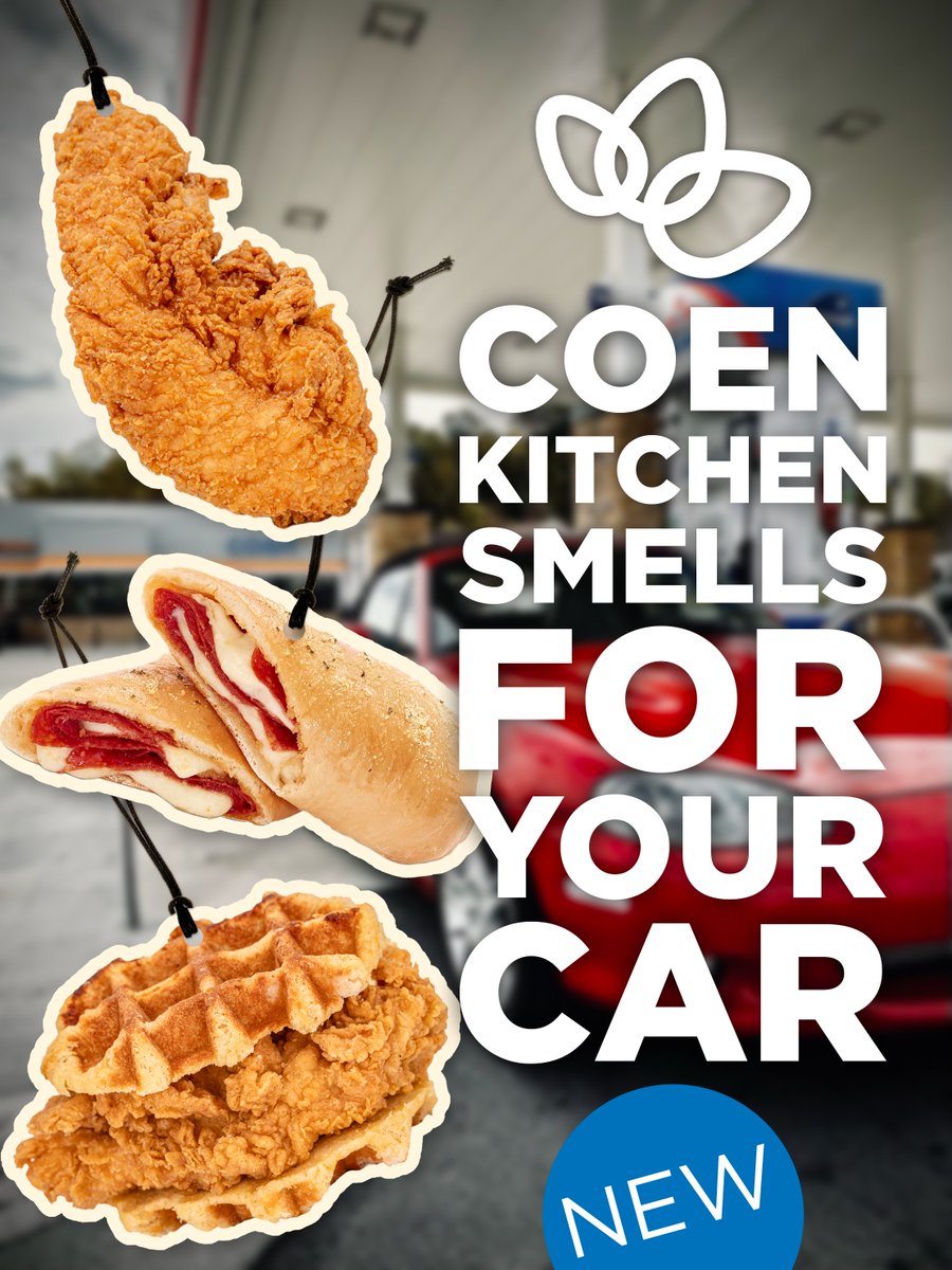 CoenMarkets's tweet photo. Yinz ever wish your car smelled like the Co ’N Go Hot Case?

Say less.

Introducing Coen Kitchen Air Fresheners:
Roll Zone Pepperoni Rolls. Crispy Tenders. Waffle Sandwiches.

Warning: may cause sudden hunger and (un)necessary Coen pit stops.

Available everywhere. Or… are they? https://t.co/5oheP6wG5q