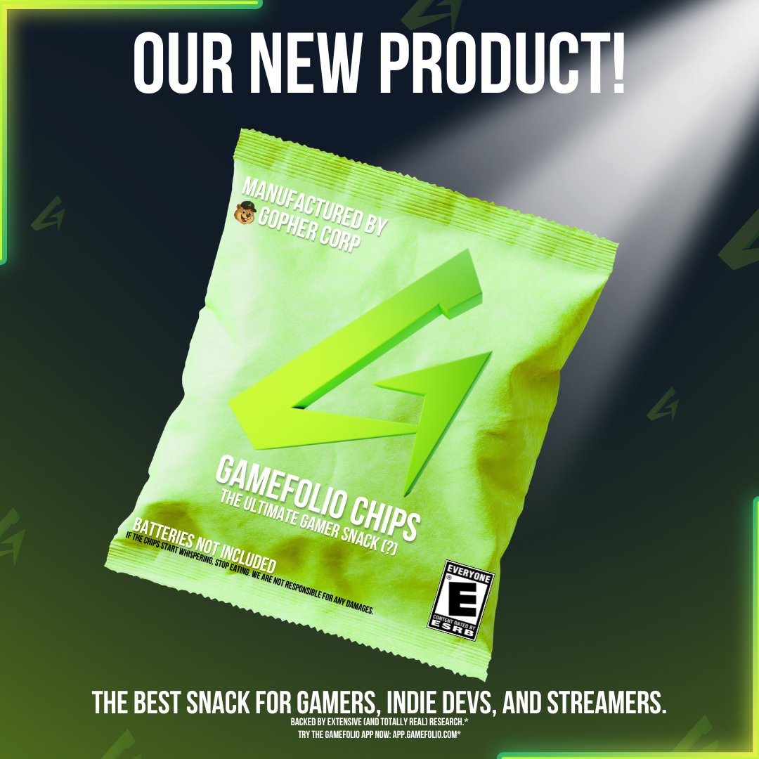 GamefolioGG's tweet image. We’re excited to announce Gamefolio Chips!🎉

The best snack for gamers, indie devs, and streamers. Available soon… maybe. 😉💚

#gamers #streamers #indiegamedev #indiedevs #aprilfoolsday