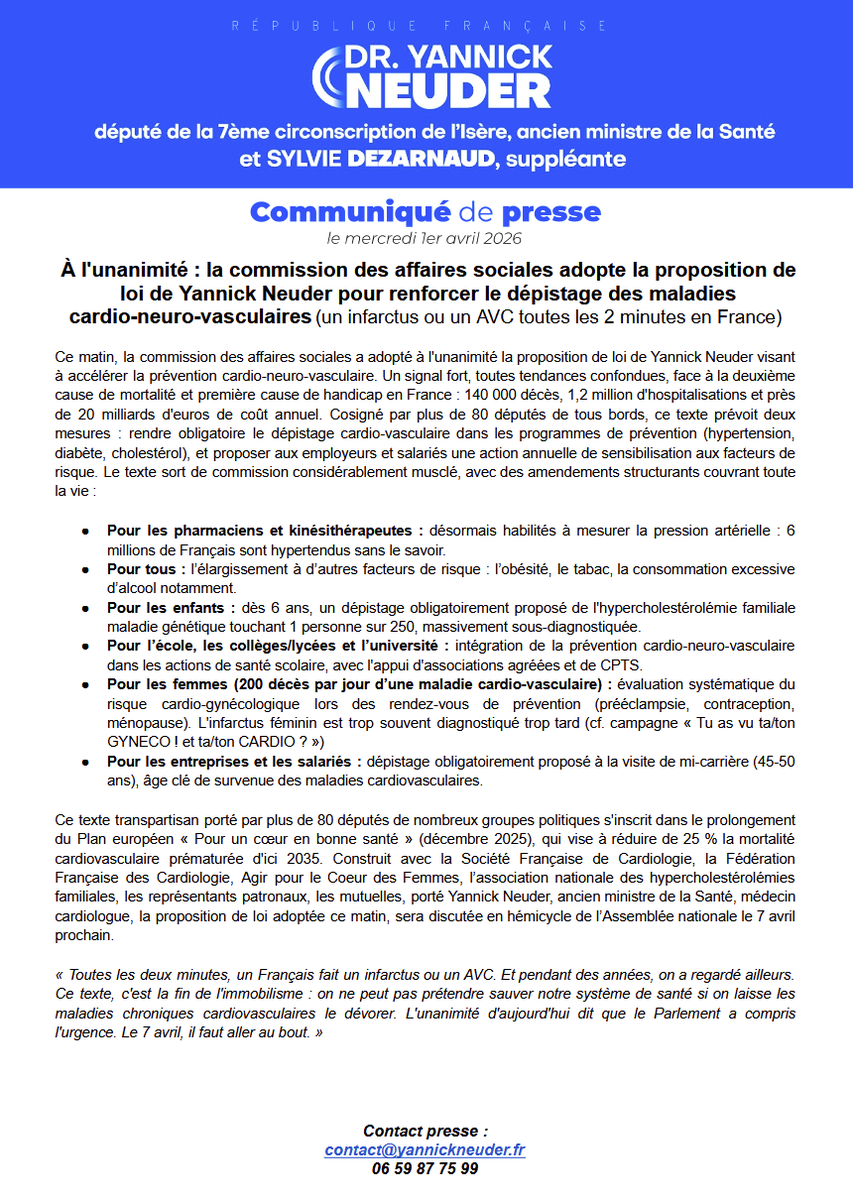 yannickneuder's tweet photo. ✅UNE PREMIÈRE ÉTAPE POUR LA SANTÉ CARDIOVASCULAIRE !

Ce matin, la commission des affaires sociales a adopté à l'unanimité ma proposition de loi pour faire un virage de prévention et mieux dépister les maladies cardiovasculaires !

140 000 morts par an. Un AVC ou un infarctus toutes les 2 minutes. 6 millions de Français hypertendus sans le savoir. Et la France qui dépense deux fois moins que l'Allemagne en prévention.

Ce que la loi prévoit concrètement :

- Les maladies cardiovasculaires intégrées obligatoirement dans tous les programmes nationaux de dépistage : hypertension, diabète, cholestérol, obésité, tabac etc. Ce qui était optionnel devient une priorité nationale.
- Les rendez-vous de prévention devront systématiquement évaluer le risque cardiovasculaire.
- Dépistage obligatoirement proposé dès 6 ans pour détecter l’hypercholestérolémie familiale silencieuse qui touchent 1 enfant sur 250 et par effet cascade, toute leur famille.
- Une prise en compte spécifique du cœur des femmes. Leurs symptômes sont atypiques, leur risque lié à la grossesse ou à la ménopause sous-évalué. Cette évaluation devient obligatoire lors des rendez-vous de prévention.
- Les pharmaciens et kinésithérapeutes habilités à mesurer la tension artérielle.
- Entre 45 et 50 ans, à la visite de mi-carrière en entreprise : bilan cardiovasculaire complet obligatoirement proposé à tous les salariés. C'est l'âge clé, avant que les maladies chroniques s'installent.
- La prévention intégrée à l'école, avec des professionnels de santé qui peuvent intervenir directement en classe.

20 milliards de coût annuel pour les maladies cardiovasculaires. Un euro investi en prévention en économise plusieurs en soins et évite des drames. On ne peut plus se permettre d'attendre.

Rendez-vous le 7 avril en séance. 🫀