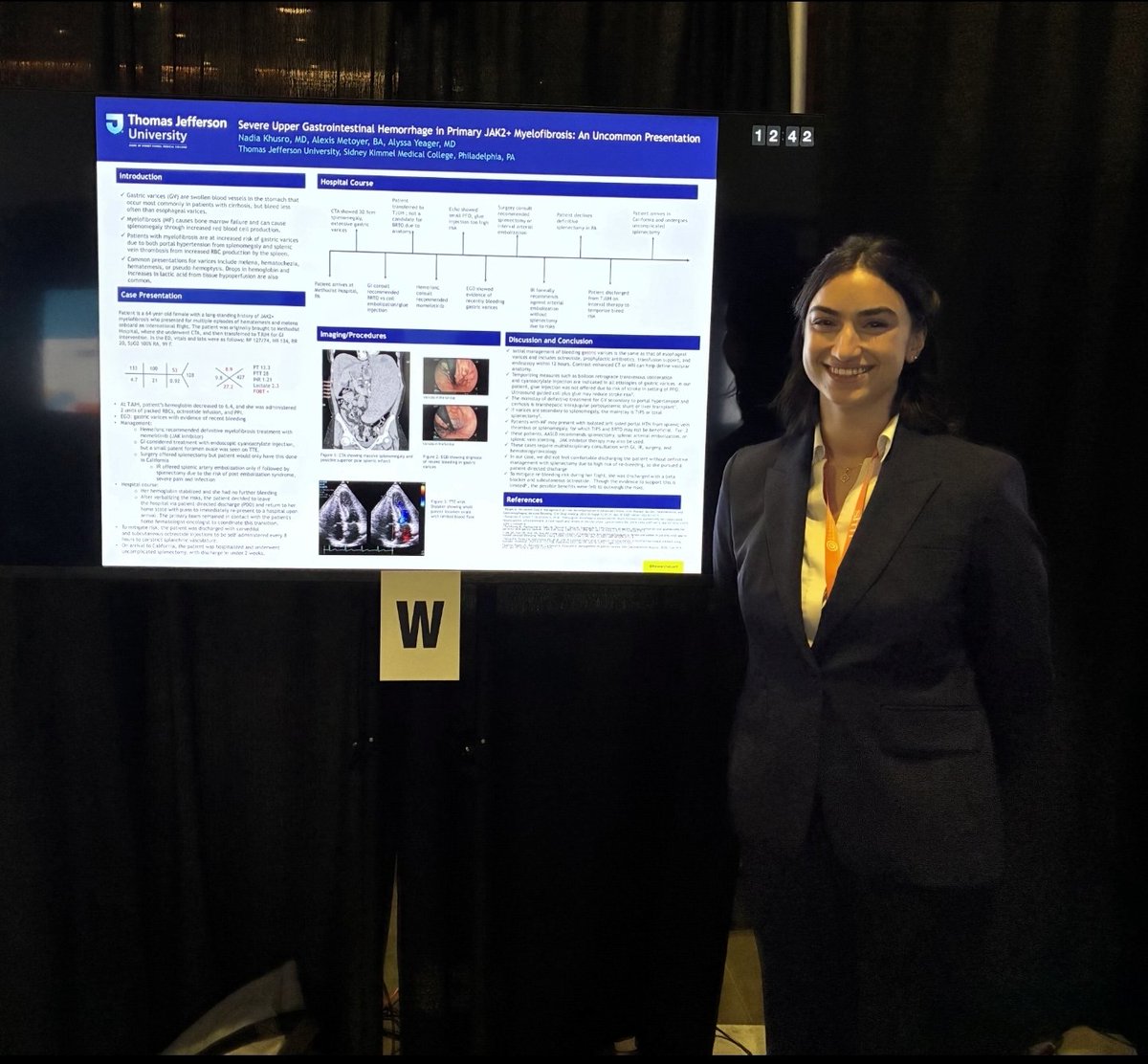 CalBear5's tweet photo. 19. Our final poster w Dr. Khurso &amp; Yeager on an uncommon pres of GI bleed.
📌know your emergent temporizing Tx in bleeding varices
📌Definitive Tx for portalHTN induced = TIPS or splenectomy 
📌Multidisciplinary care = 🔑
🧵... https://t.co/ZwFW4TnXEi