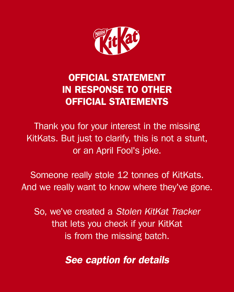 eldiario's tweet photo. #1Abr | @KITKAT, marca de la empresa Nestlé, pidió ayuda para encontrar las 12 toneladas de sus barritas de chocolate robadas el #29Mar en Europa.

"Hemos creado un rastreador de KitKats robados que le permite verificar si su KitKat pertenece al lote desaparecido. Ayúdanos a encontrarlas. Usa el rastreador de KitKat. Enlace en la biografía", dijo la marca en un mensaje en su perfil de X.