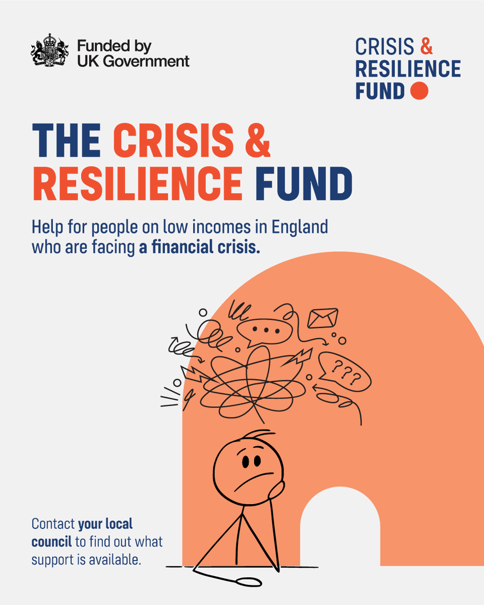 DWPgovuk's tweet image. If you are facing a financial crisis on a low income and need immediate help, you could be eligible for the Crisis and Resilience Fund

Ask your local council what's available

#CrisisAndResilienceFund #LocalSupport #FinancialHelp