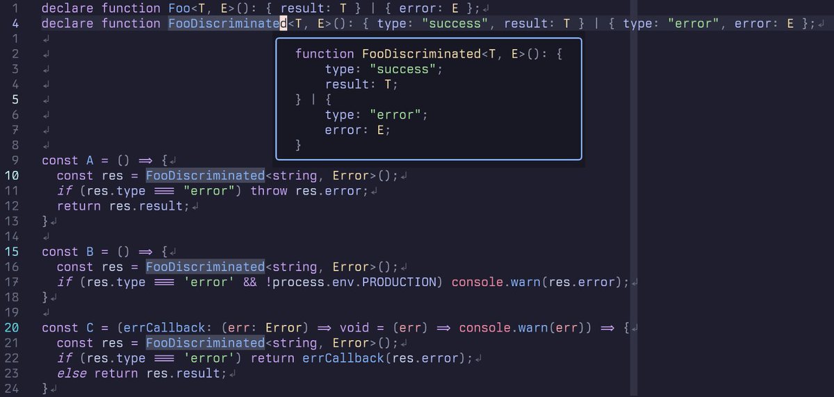 stanley2058's tweet photo. @yusukebe I think this depends on what you are trying to achieve, since all three are doing different things 🤔. I personally still like a good result type, which can fit all three cases cleanly. https://t.co/iSOkArW7DL
