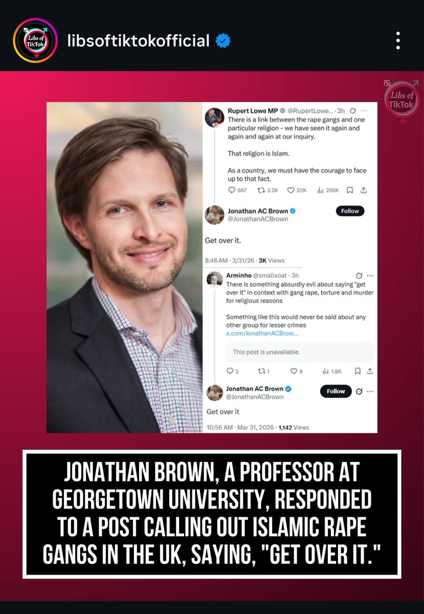 Professore della Georgetown University - quindi, non il cazzaro da bar o l'estremista dell'ISIS - risponde con "get over it" a post che denunciano gli stupri di massa perpetrati da musulmani nel Regno Unito.
Questo è l'auto-odio degli occidentali per l'Occidente.