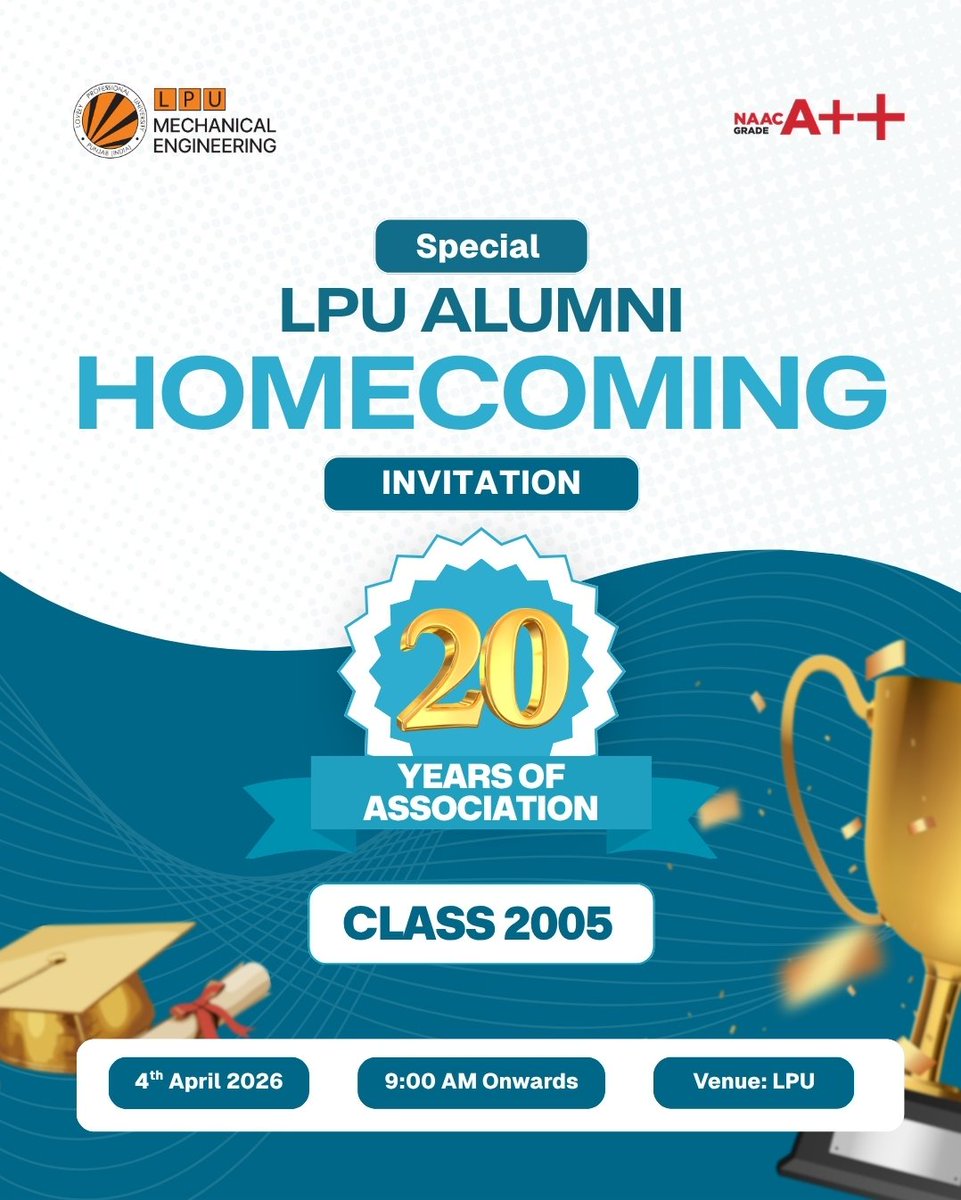 ✨ Alumni Homecoming 2026 – Celebrating Legacy &amp; Excellence ✨

The School of Mechanical Engineering warmly invites all our esteemed alumni to reunite, reconnect, and relive cherished memories at Alumni Homecoming 2026 on 4th April 2026.

This special occasion also honors the
