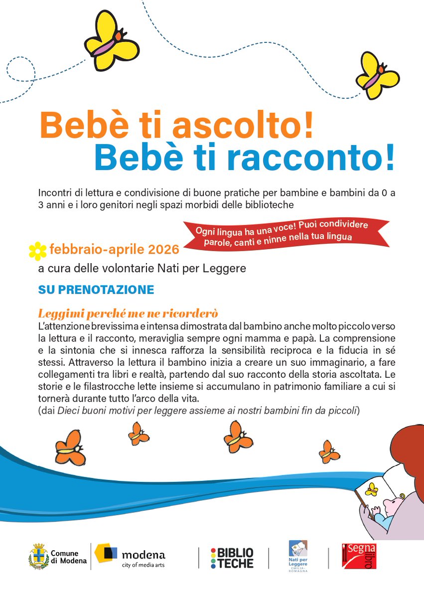 ⏰ Ci siamo!
Domani pomeriggio vi aspettiamo per Bebè ti ascolto! dedicato ai bebè da 25 a 36 mesi 💚
📅 Giovedì 2 aprile
🕔 ore 17.00
📍 Biblioteca Crocetta

Storie, ascolto e condivisione insieme alle volontarie di Nati per Leggere ✨