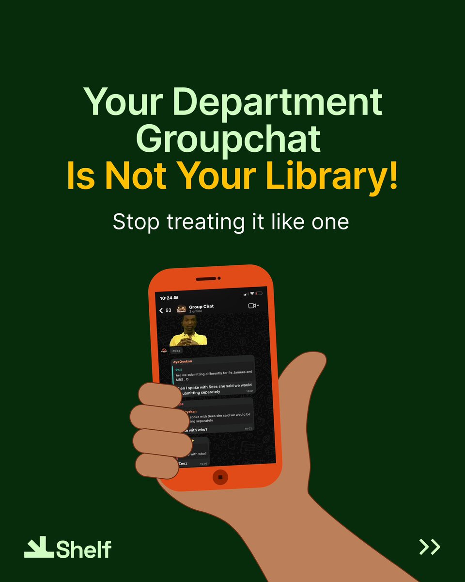 shelfng_'s tweet photo. Now that a new semester is starting…

Group chats have always been hard to navigate.

Files get buried under cruise and banter, messages pile up, and when you need that PDF… it’s nowhere to be found.

E no Dey normal to do.

There’s a better way.

SHELF. https://t.co/5FpIiDrPHK