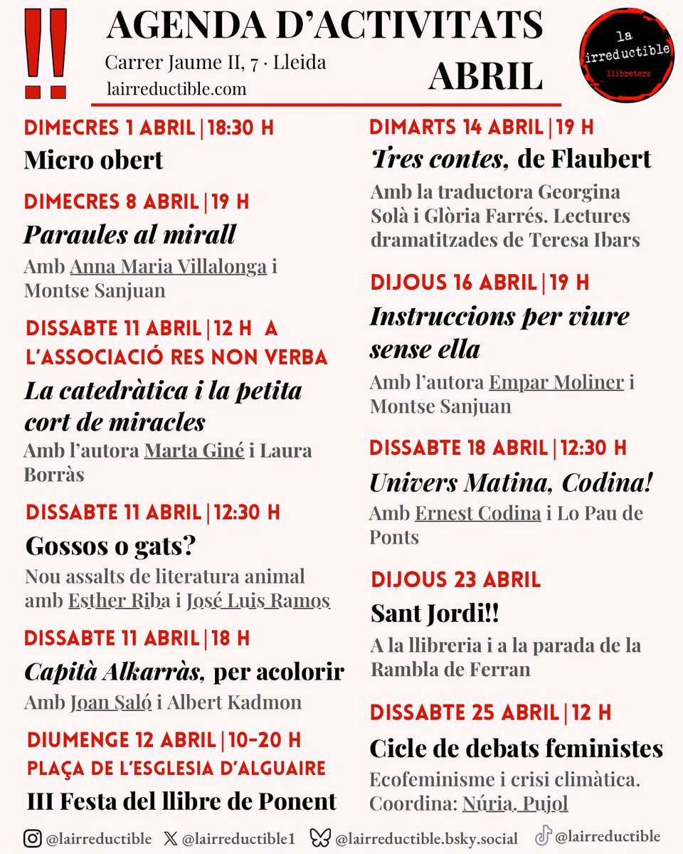lairreductible1's tweet photo. Abril ja és aquí!! El mes de #SantJordi per fi ha arribat, i des de la irreductible us proposem tot aquest seguit d’activitats. Tothom a viure la festa dels llibres!! 📚🌹 https://t.co/ZLX6ABH1rA