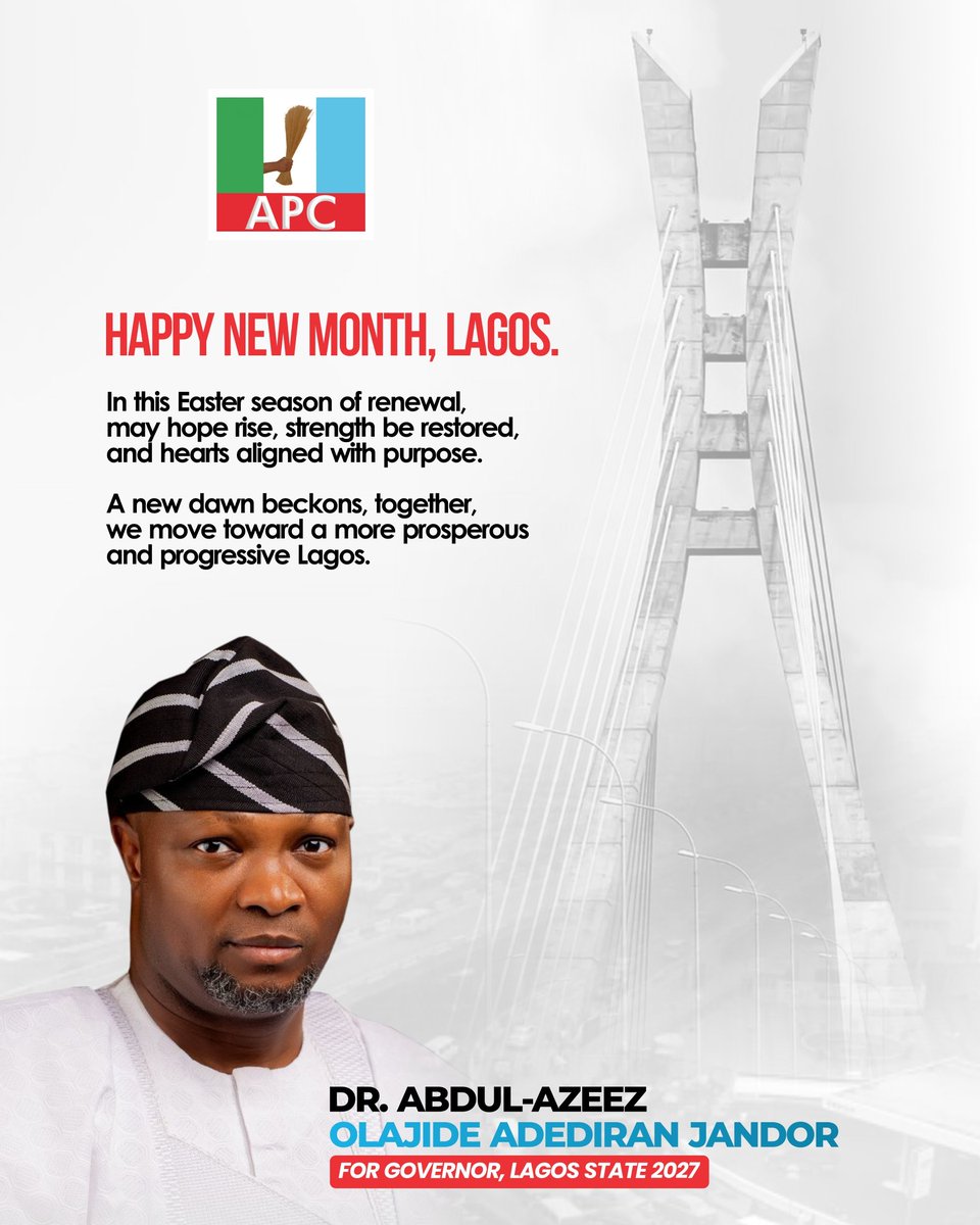 Happy New Month, Lagos.

In this Easter season of renewal, may hope rise, strength be restored, and hearts aligned with purpose.

A new dawn beckons, together, we move toward a more prosperous and progressive Lagos.

#JANDORofLagos
#LagosAprilWishes #NewMonthVibes #LagosState