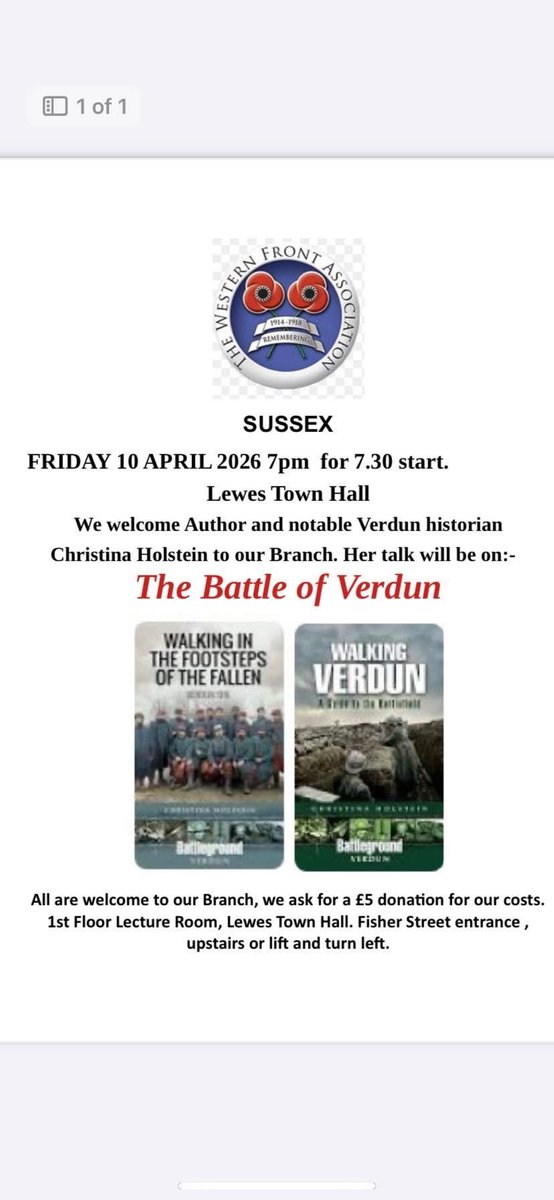 paulthedom's tweet photo. Friday 10/04/26 Lewes Town Hall BN7 2QS 7pm ⁦@SussexWfa⁩ welcome Author &amp; Historian Christina Holstein to the branch. Christina is an expert on the Battlefields of Verdun so this is a great chance to hear her speak. All are welcome ⁦@TheWFA⁩ https://t.co/5mysi7HTkn