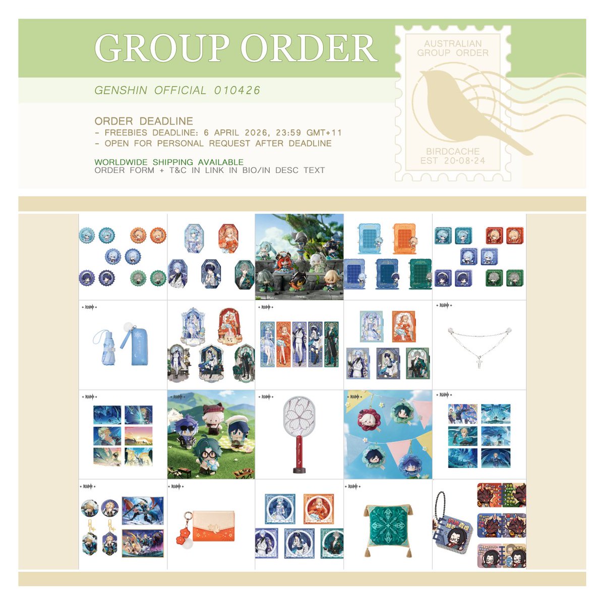 birdcache's tweet photo. ๐ฌ Group Order: Genshin Official 010426
๐ฆ๐บ AUS/WW GO | #birdcachego
๐๏ธ Official Genshin Impact Merchandise, Resplendent Feast Vol.2
โฐ Order Deadline: 6 APRIL 23:59 GMT+11
๐ Order Form: https://t.co/1N7DcMYeV1
๐ TNC: https://t.co/xGyWYjo7OW
๐ฝ More Info https://t.co/zIHH5SgdVc