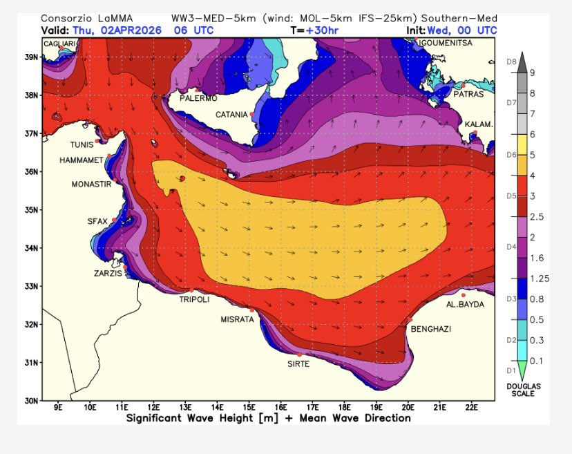 RescueMed's tweet image. ⚠️⚠️ WEATHER ALERT ⚠️⚠️

From today until Friday, a storm is expected in the central #Mediterranean with winds of up to 40 knots and waves up to 5 meters high.

It is dangerous to go to sea, especially sailing from the coasts of #Libya and #Tunisia.