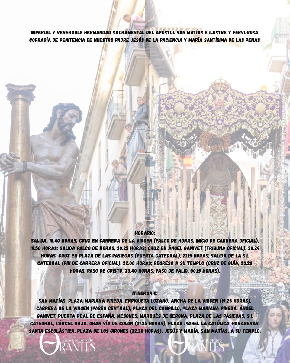 Horarios e itinerarios de las Hermandades que procesionan en la jornada de hoy, Miércoles Santo.

Fotografías de D. Antonio Orantes.

(1/2)

#SemanaSanta #Granada #SSantaGr26 #CuaresmaGr26