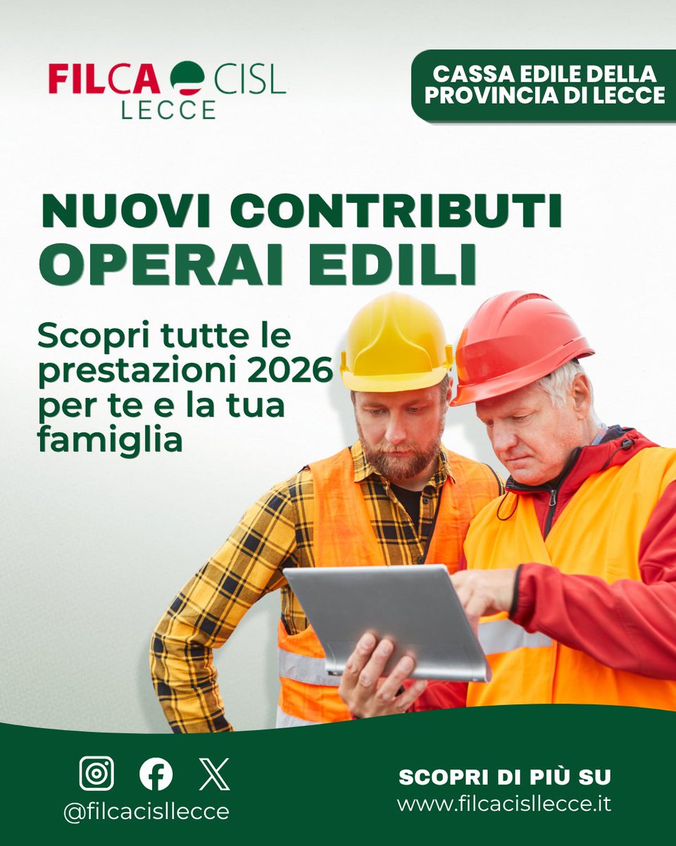 FilcaCislLecce's tweet photo. Sei iscritto alla Cassa Edile di Lecce?
Scopri tutti i bonus e i contributi del 2026⬇️

https://t.co/jeyl8kc6hu https://t.co/5Ez1fze562