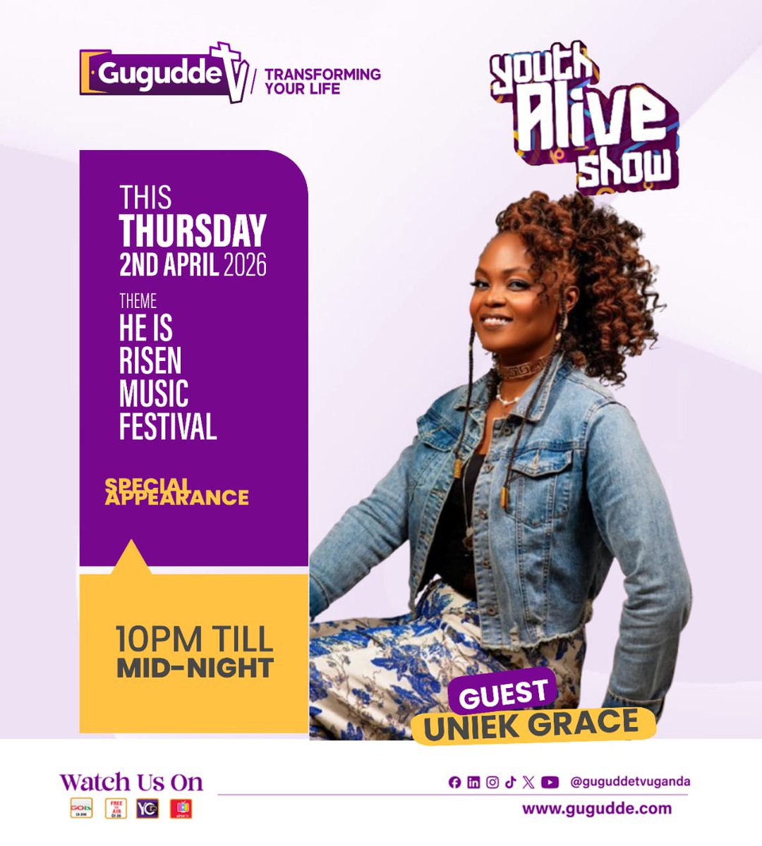 guguddetvuganda's tweet photo. Easter vibes aren’t just a feeling—they’re LIVE on Gugudde TV!

Don’t miss #YouthAlive this Thursday, 10PM–midnight, for a special Easter hype broadcast packed with amazing artists bringing powerful performances to bless your night.
#GuguddeTvUganda https://t.co/l4wpOYXepH