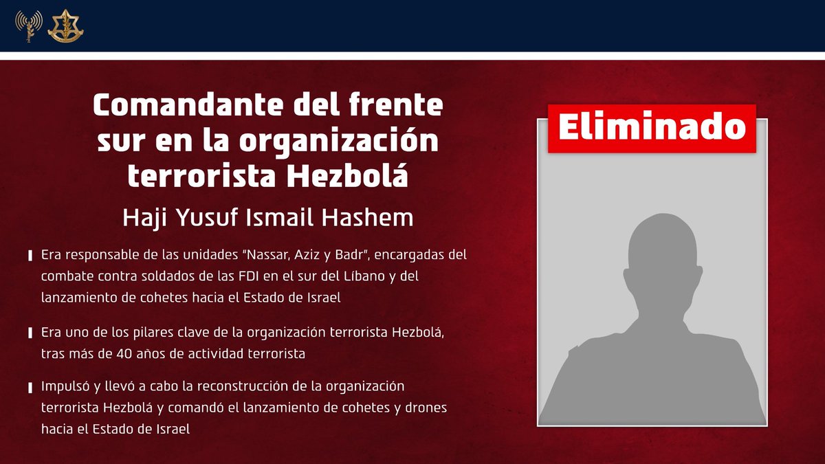 🔴ELIMINADO: Hajj Yusuf Ismail Hashem, un comandante del frente sur de Hezbolá

Hashem, eliminado por la Marina Israelí en un alcance en Beirut, era un comandante de alto rango con +40 años de experiencia y una figura central en Hezbolá que lideró su reestructuración y comandó