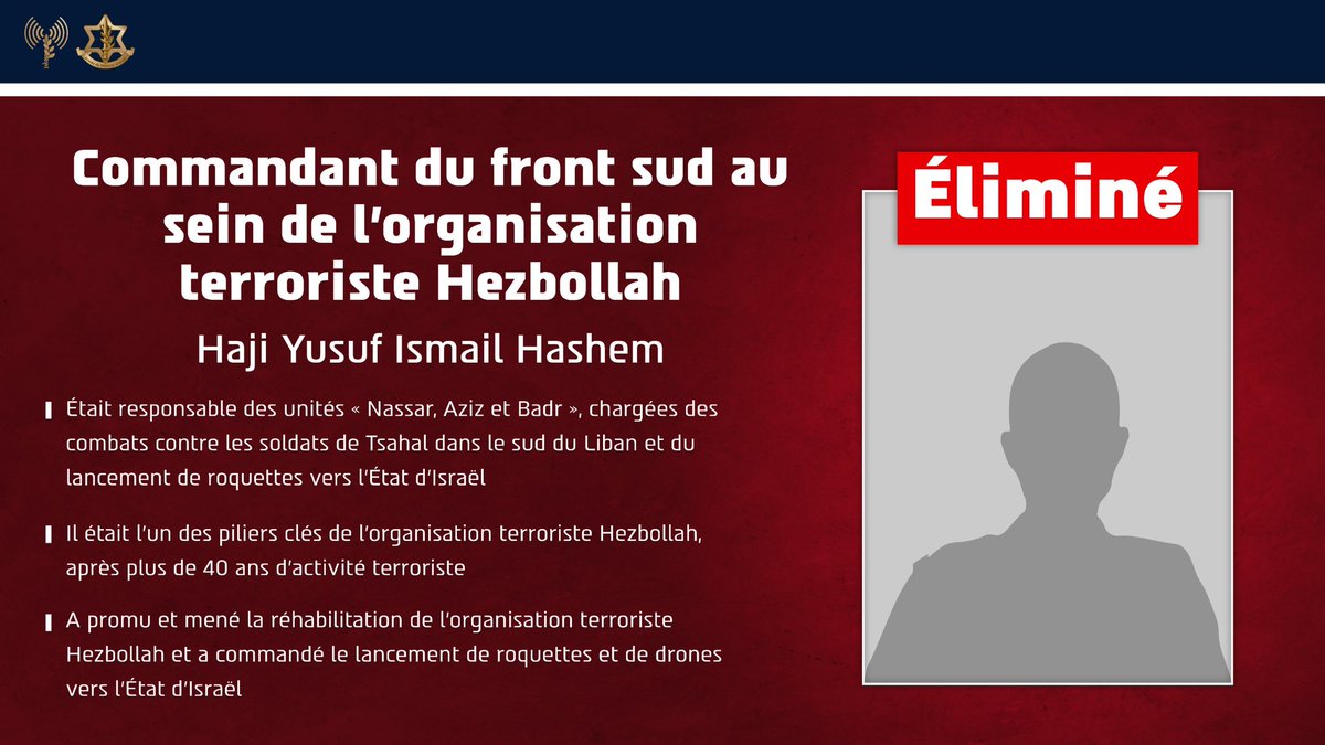 Tsahal_IDF's tweet photo. 🔴ÉLIMINÉ : Hajj Yusuf Ismail Hashem, Commandant du front sud du Hezbollah

Hashem, éliminé par la Marine israélienne lors d’une frappe à Beyrouth, était un haut commandant avec plus de 40 ans d’expérience, et une figure centrale du Hezbollah qui a dirigé sa réhabilitation et commandé des attaques contre Israël.