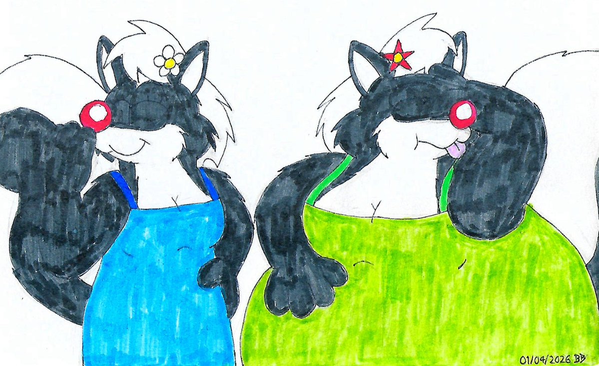 It looks like those two skunk sisters Lisa and Polly again, and as you might expect, one's certainly bigger than the other, but perhaps something's not quite right here; anyway, I guess I just had this idea and thought today would be a nice day to post a pic I drew based on it.
