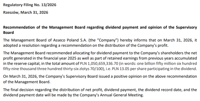 TYMrMarket's tweet photo. 2 big updates for Topicus $TOI shareholders! 🧵👇

Update 1: Asseco $ACP Dividend. Asseco’s management board just recommended a dividend payment of ~PLN 1,050m (backed by the Supervisory Board).

Why does this matter for Topicus? Let's break it down. https://t.co/aOACU0G2WA