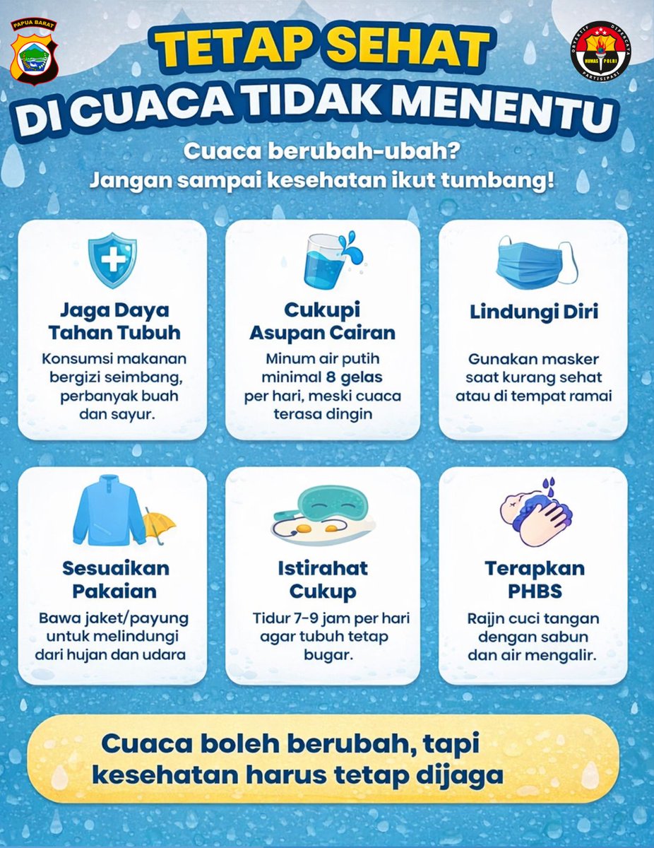 humas_poldaPB's tweet image. "Hallo sobat polri, Cuaca boleh Berubah tapi kesehatan kita harus tetap dijaga.

.

.

@listyosigitprabowo 
@divisihumaspolri 

#cuacaberubah 
#kesehatan 
#jagakesehatan