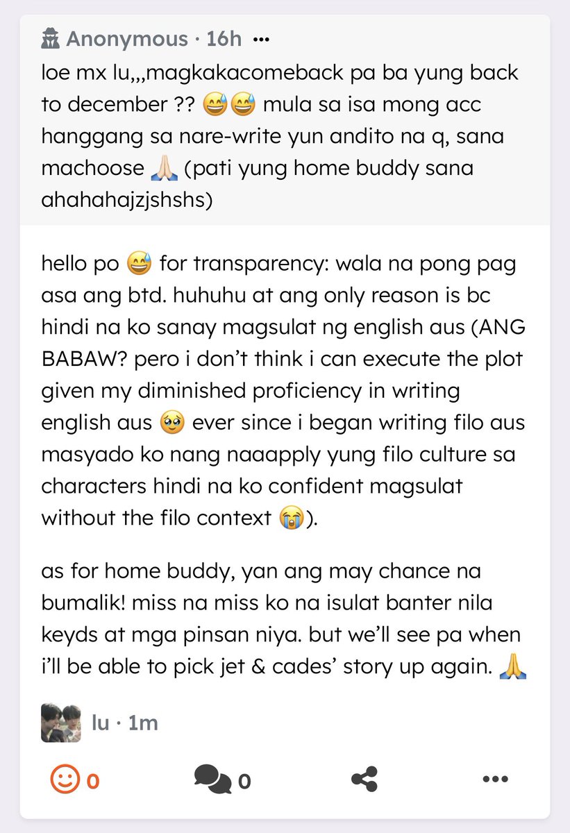 loe mx lu,,,magkakacomeback pa ba yung back to december ?? 😅😅 mula sa isa mong acc hanggang sa nare-write yun andito na q,… — hello po 😅 for transparency:

revospring.net/@dearjukkyu/a/…