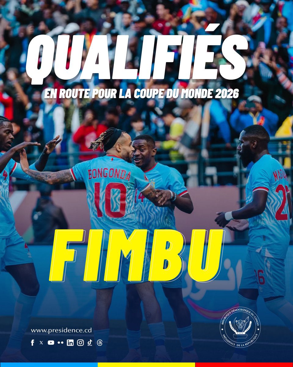 erictshikuma's tweet photo. #RDC Qualification historique ! Après 52 ans, #DRC🇨🇩 is back in the World Cup⚽️🏆.
 
#Léopards🐆, nous avons arraché cette qualification au prix de la détermination, de la persévérance, de la résilience et de l’unité, dans un esprit indéfectible de défense de la patrie 🇨🇩.

Félicitations à nos fauves, à notre coach Sébastien Desabre, à tout le staff technique et à tous les supporters présents au Mexique sous l’encadrement du Ministre des Sports @DidierBudimbu et tous ceux qui sont à travers le monde !

Reconnaissance éternelle au #PeupleCongolais🇨🇩 pour son #Soutien sans faille, sa #Ferveur et sa #Foi inébranlable !

Mention très spéciale au Président Félix-Antoine Tshisekedi, premier des Léopards et motivateur suprême, qui avait prédit cette qualification lors de son dernier discours devant la Nation en décembre 2025 :

« Je nourris la foi et la conviction que notre drapeau flottera au Mondial 2026. À travers chaque victoire, […] c’est la fierté d’être Congolais qui se renforce », avait-il rassuré.

Nous y voilà ! Restons engagés, pleinement mobilisés, plus que combatifs et solidement structurés, avec un mental d’acier, pour entretenir la flamme🔥 d’un parcours exceptionnel au Mondial 2026.

Écrivons avec fierté cette nouvelle page de notre histoire. Puissants @Léopards 🐆, faisons rugir la RDC au Mondial 2026 !
 
#BendeleEkweyaTe🇨🇩
#ToutPourLaPatrie🇨🇩