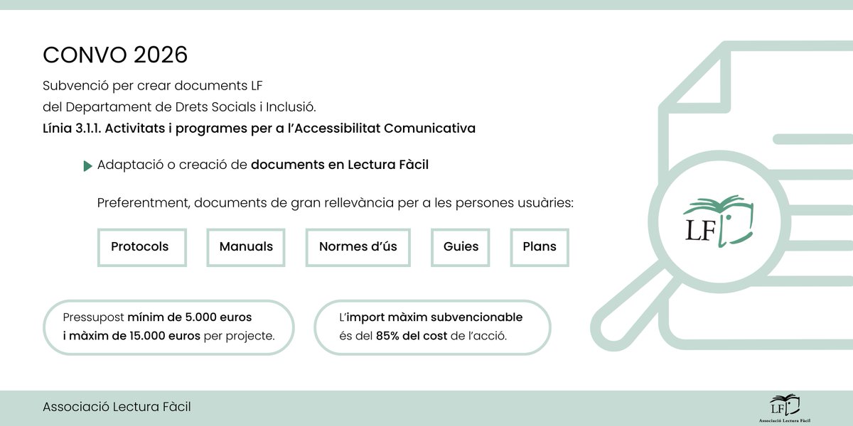 Lectfacil's tweet photo. CONVO 2026. Nova convocatòria per adaptar documents a Lectura Fàcil impulsada per @dsocialscat 

Línia 3.1.1. Activitats i programes per a l'Accessibilitat Comunicativa

🗓️ Termini fins al 13 d'abril a les 15.00 h https://t.co/so011Rax4N