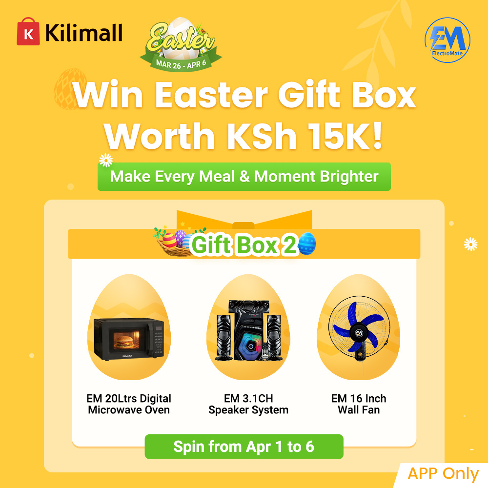 Kilimall's tweet photo. Spin & Win! 🐰🎁
Win Free ElectroMate Gift Box worth KSh 15,000 [20L Digital Microwave, 3.1CH Speaker and 16'' Fan] spinning Kilimall App from today 1st-6th April>> https://t.co/jpo9DKyspw courtesy of #Electromate brand✨
Don’t miss out! Your perfect kitchen upgrade could be one tap away!
Download the Kilimall app from play store/app store and enjoy affordable shopping!🛒💃
#EasterDeals #Kilimall #ElectroMate #KilimallEasterSale #giveaway