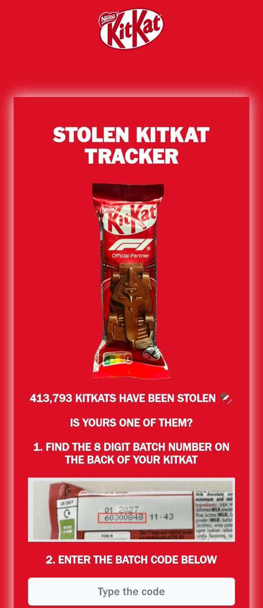 キットカット、盗品F1チョコ判定ページを開設ｗｗｗｗｗ
ロット番号を入力すると盗まれた12トンに該当するか分かるらしいｗ