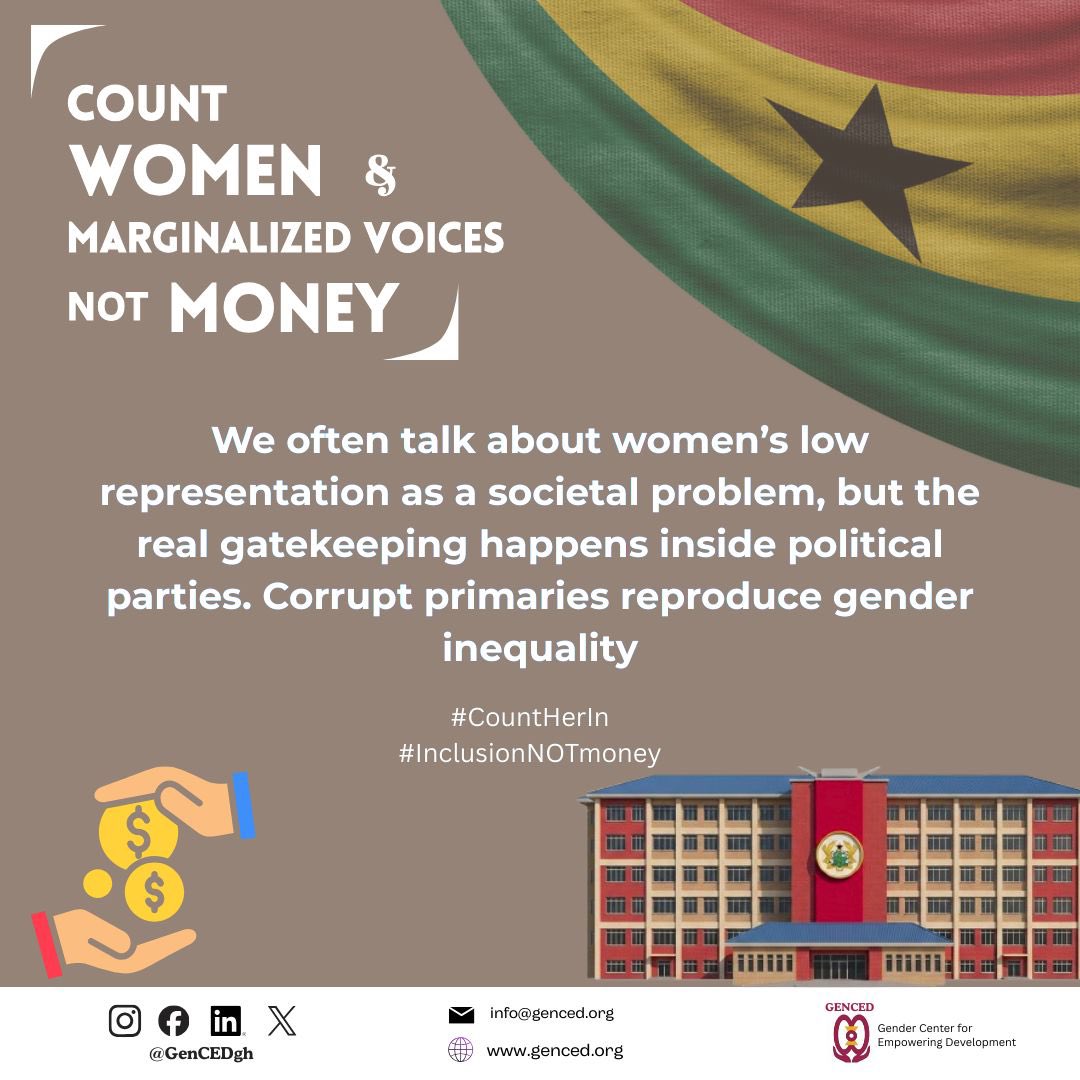 GenCEDgh's tweet photo. In Ghana, women and marginalized voices shouldn’t have to compete with money to be heard. The real barrier isn’t ability it’s access.
Until political party structures are transparent and fair, inequality will keep reproducing itself.
Count voices. Not wallets.
#CountHerIn #InclusionNOTmoney #GenderEquality #PoliticalReform
