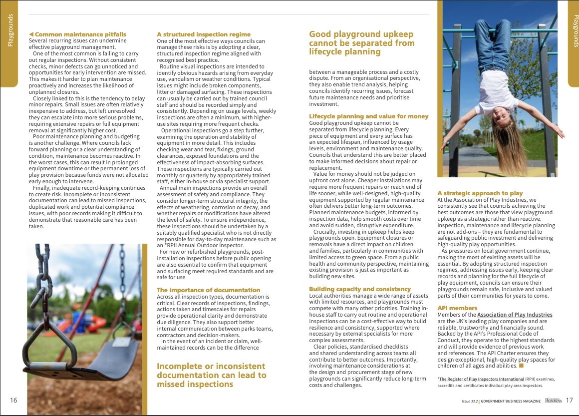 apiplay's tweet image. Public #playgrounds don’t just need investment, they need care.

In @GovBusiness magazine, @API_ChairUK @DrAmandaGummer shares what good playground upkeep looks like in practice and why inspection, maintenance and lifecycle planning are essential to keeping #play spaces safe,
