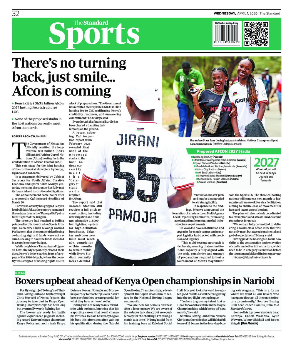 On page 32 of The Standard today -  #AFCON2027 is coming 🇰🇪🇺🇬🇹🇿🏟

standardmedia.co.ke/sports/footbal…