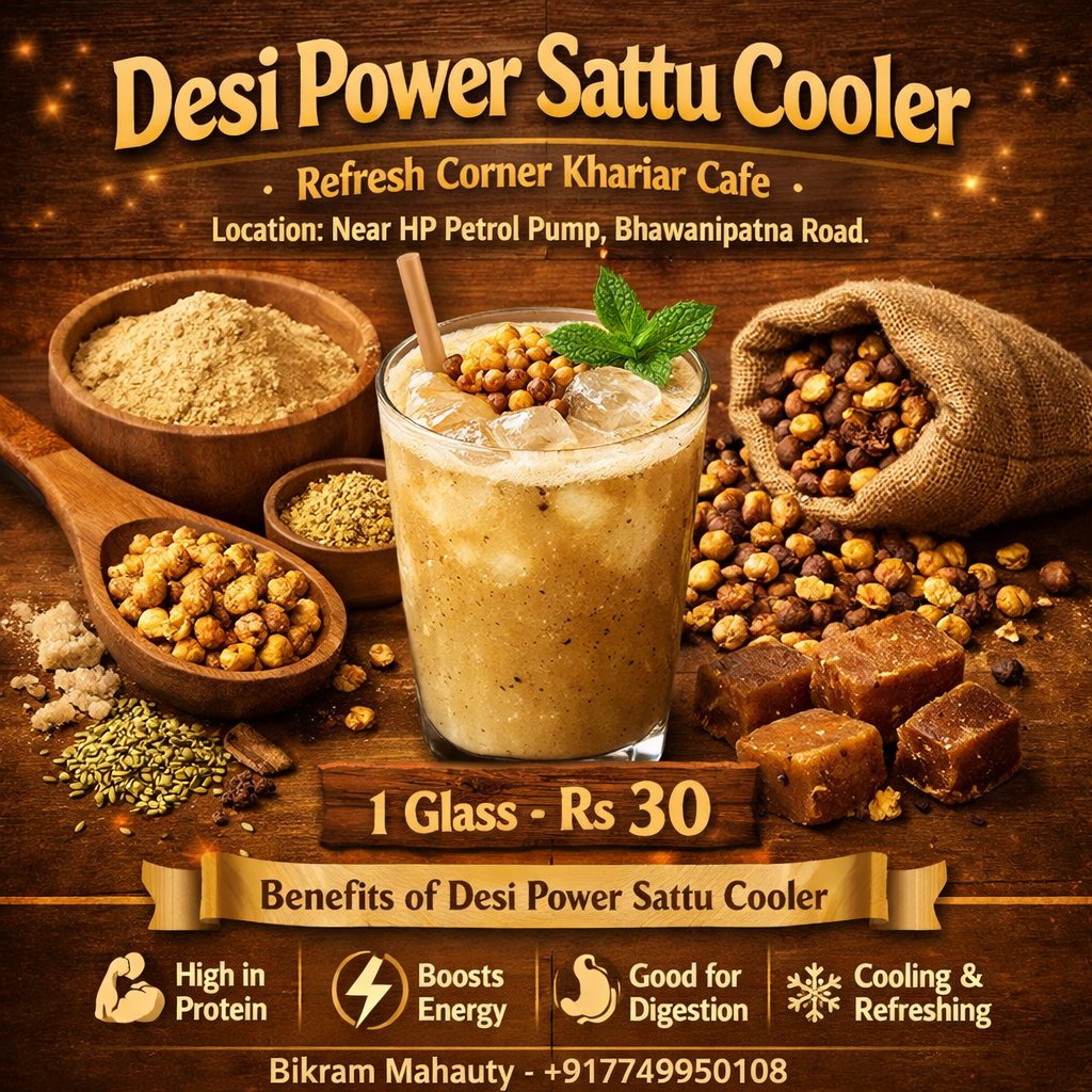 🥤✨ Fuel Your Day with Desi Power! ✨🥤

Introducing our Desi Power Sattu Cooler — a perfect blend of tradition, nutrition, and refreshing taste 🌿💛

#RefreshCorner #KhariarCafe #SattuCooler #DesiDrink #HealthySummer