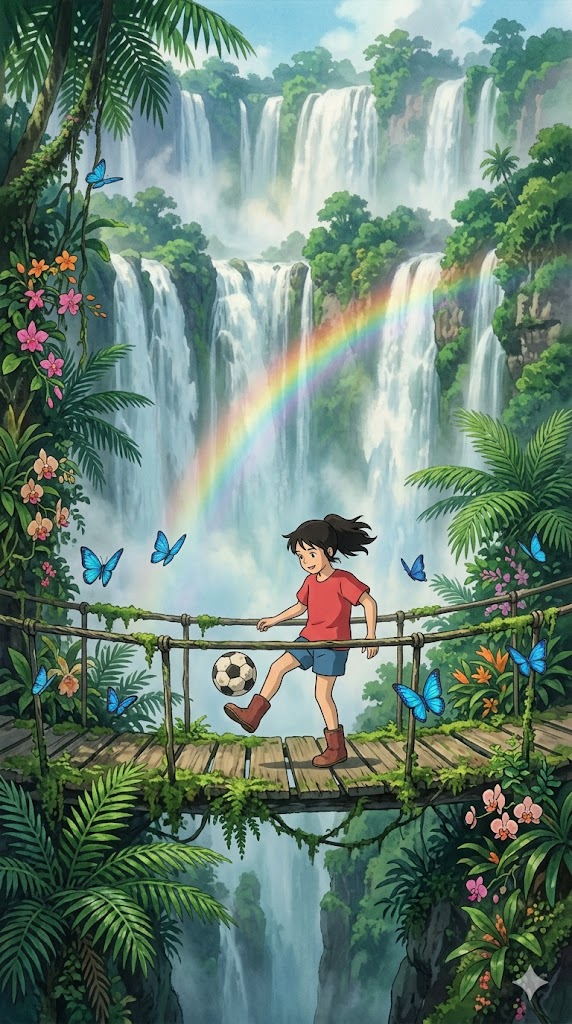 sophiasworld_17's tweet photo. A touch of magic by the roaring waterfalls! 🌊⚽️ Where blue butterflies dance, a rainbow breaks through the mist, and an old wooden bridge becomes the most beautiful football pitch in the world. A true jungle dream! ✨🦋🌈

#WaterfallMagic #StudioGhibliArt #GhibliVibes #FootballGirl