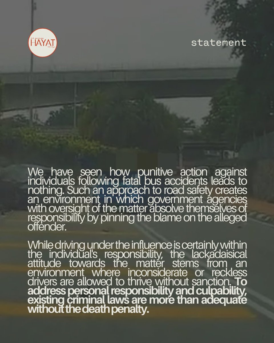 hayatlifemy's tweet image. Amirul Hafiz Omar lost his life on the road this week due to completely preventable social issues — drunk driving, #drug use, and reckless behaviour. But the #deathpenalty will not make sure this tragedy never happens again.

HAYAT calls for the introduction of automatic civil