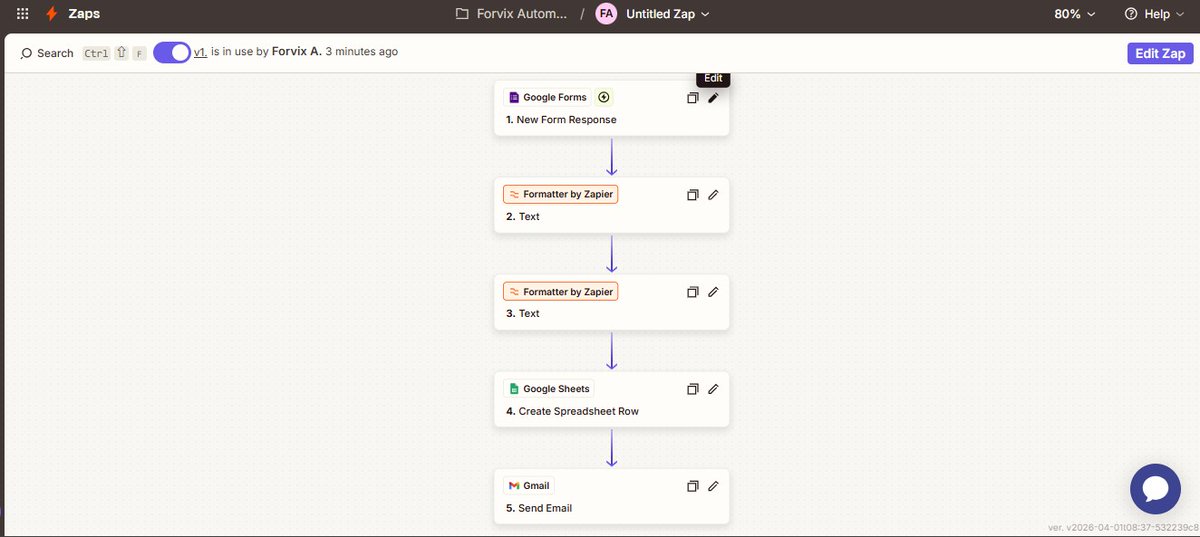 Doing things manually is no longer an option for me. I made the decision to start a 30-Day Workflow Automation Challenge.

Day 1 of my 30-day automation challenge (Tools: Zapier, Google Sheets, Gmail)
Automation Process
1. Google Forms captures the response and instantly triggers