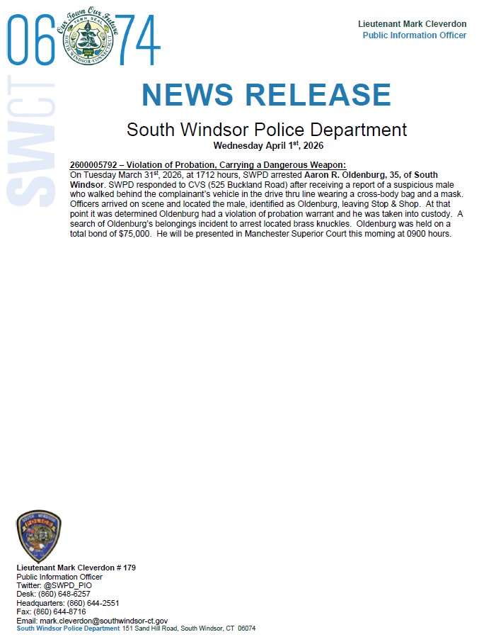 South Windsor Police Department PIO tweet media