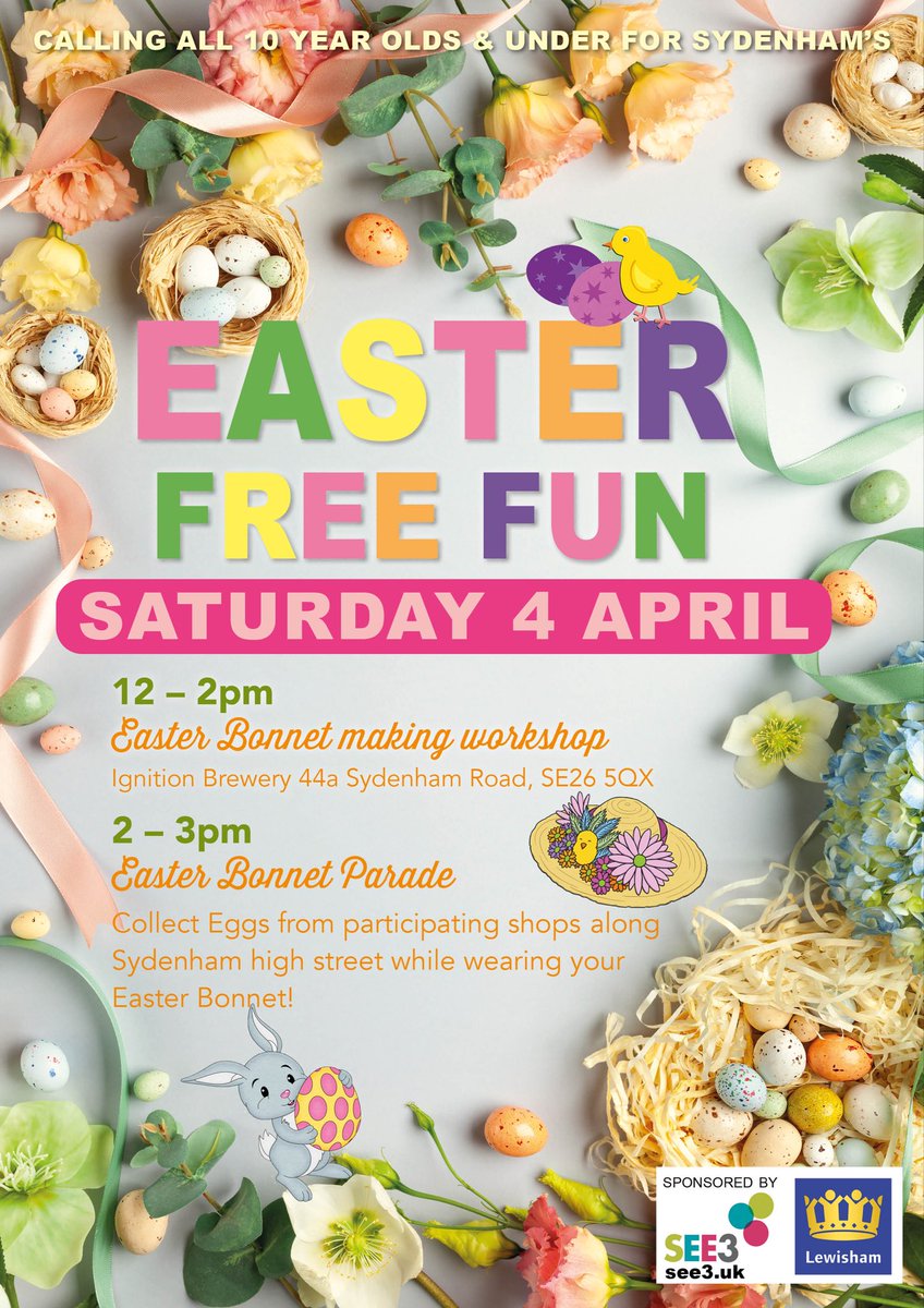 SEE3PortasPilot's tweet photo. Calling children under 10 to make an Easter Bonnet from 12 - 2pm in the @ignitionbeer space.  Followed by a parade around Sydenham high street from 2 - 3pm collecting mini eggs from traders - led by our very own Easter bunny @SydenhamSociety @LewishamCouncil https://t.co/E7CThqGMiU