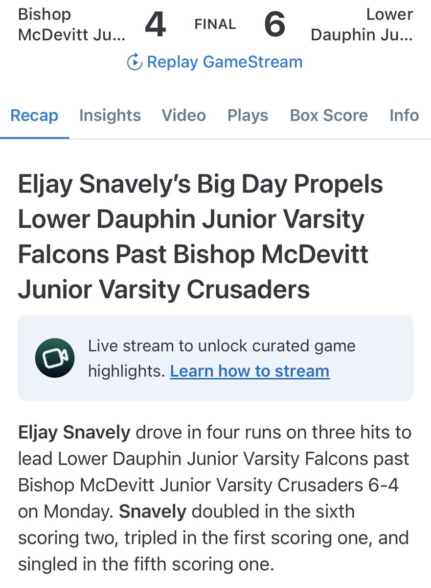 EljaySnavely29's tweet image. 3 hits. 4 RBIs. Go-ahead double in the 6th.
Had a day.

#LDBaseball #PABaseball #BaseballLife #Clutch #StudentAthlete