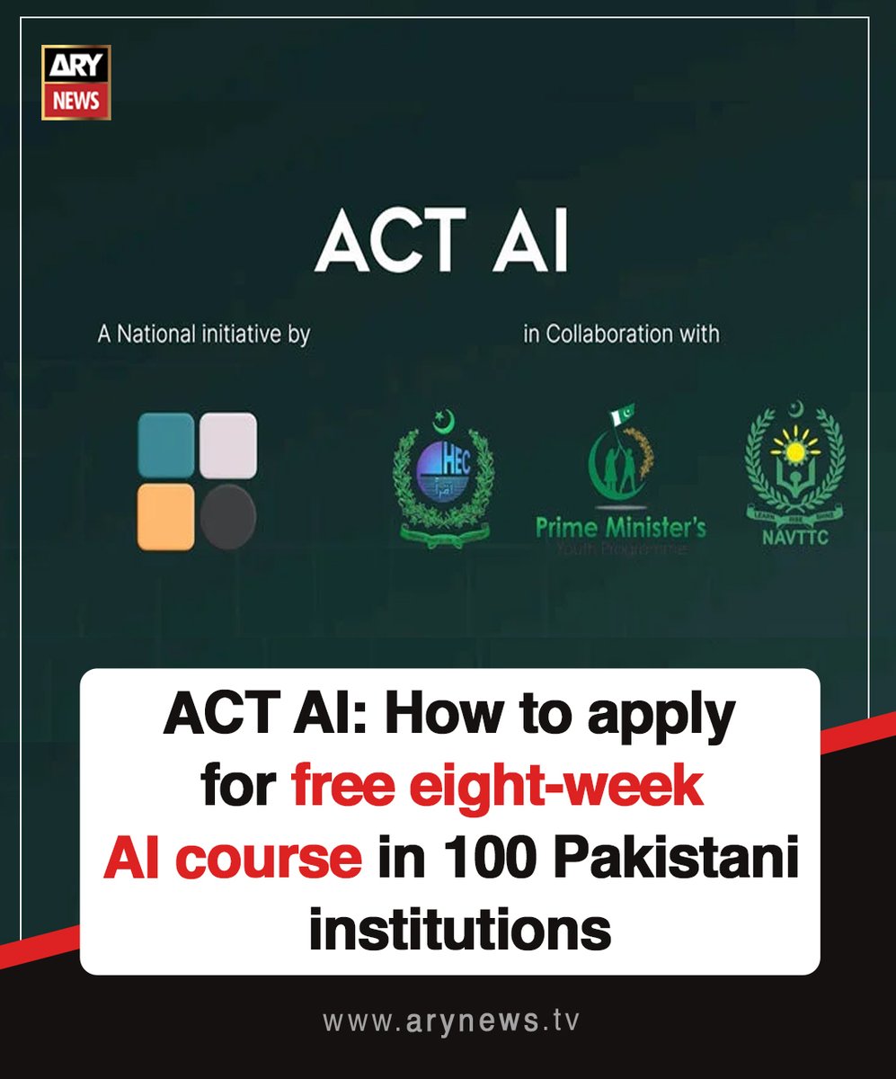 ARYNEWSOFFICIAL's tweet image. ACT AI: How to apply for free eight-week #AIcourse in 100 #Pakistani institutions

Read More : arynews.tv/act-ai-how-to-…

#ARYNews