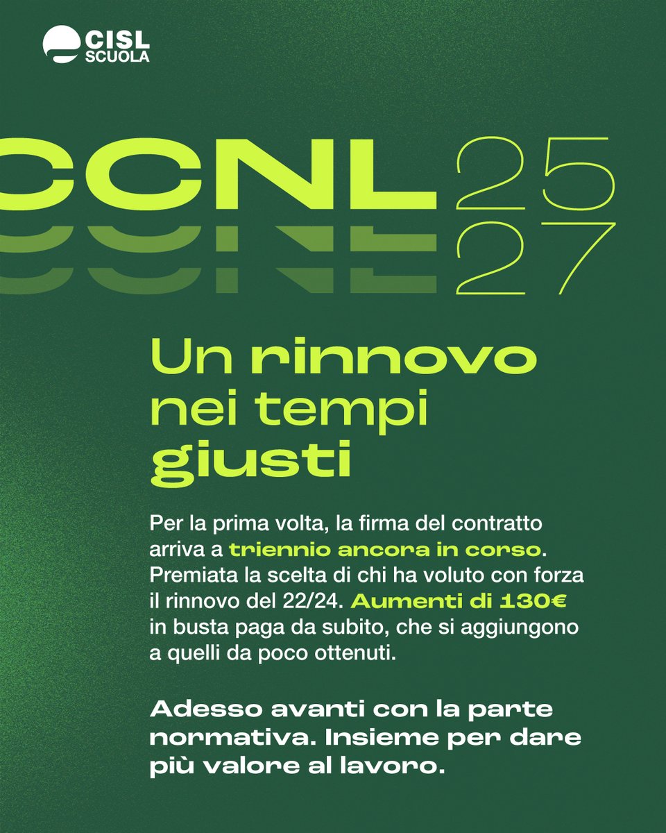 cislscuola's tweet image. 🟩‼️Finalmente un #rinnovo nei tempi giusti. Firmata oggi la parte economica del #CCNL 25/27: +130€ medi in busta paga da subito, che si aggiungono agli aumenti da poco ottenuti col CCNL 22/24. Un risultato importante reso possibile dal lavoro portato avanti con forza e