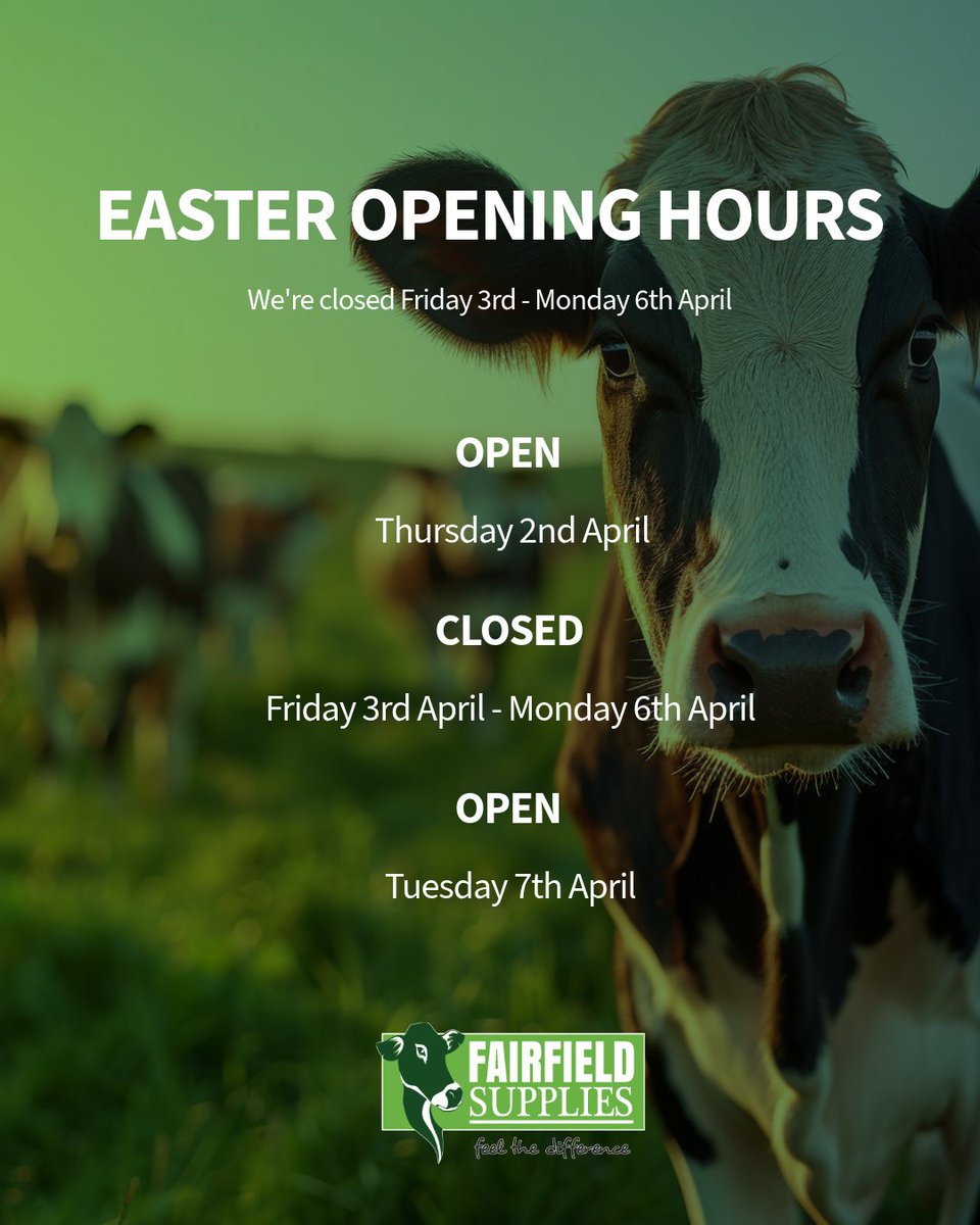 FairfieldSale's tweet photo. Check our Easter opening times and contact us today before we close for the short break! ✨

https://t.co/7W25lbGZMc

#Easter #easterholidays #easterweekend #fairfield #rubbermatting #farm #farmers #farminglife #farming https://t.co/BxcakMtq9V