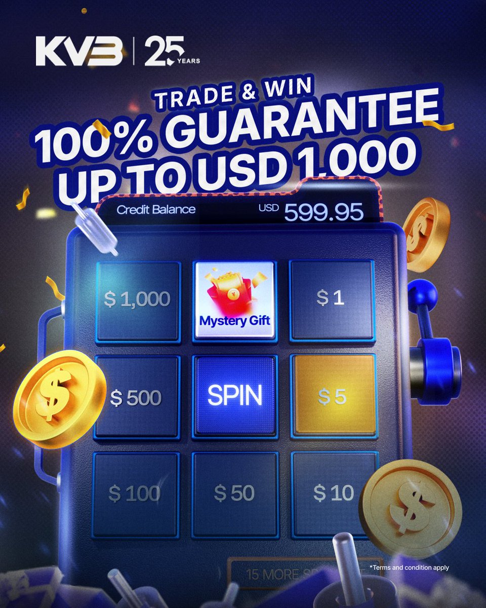 kvb_india's tweet photo. EVERY SPIN IS A WIN! Trade &amp; Win With a 100% Guarantee up to 1000 $                                                       Event Dates: 02 Apr 2026 - 31 May 2026                                   #KVB  #TradeAndWin #WinCash #SpinToWin #Forex #Crypto #Commodities #Stocks #Indices https://t.co/PoUitom3zu