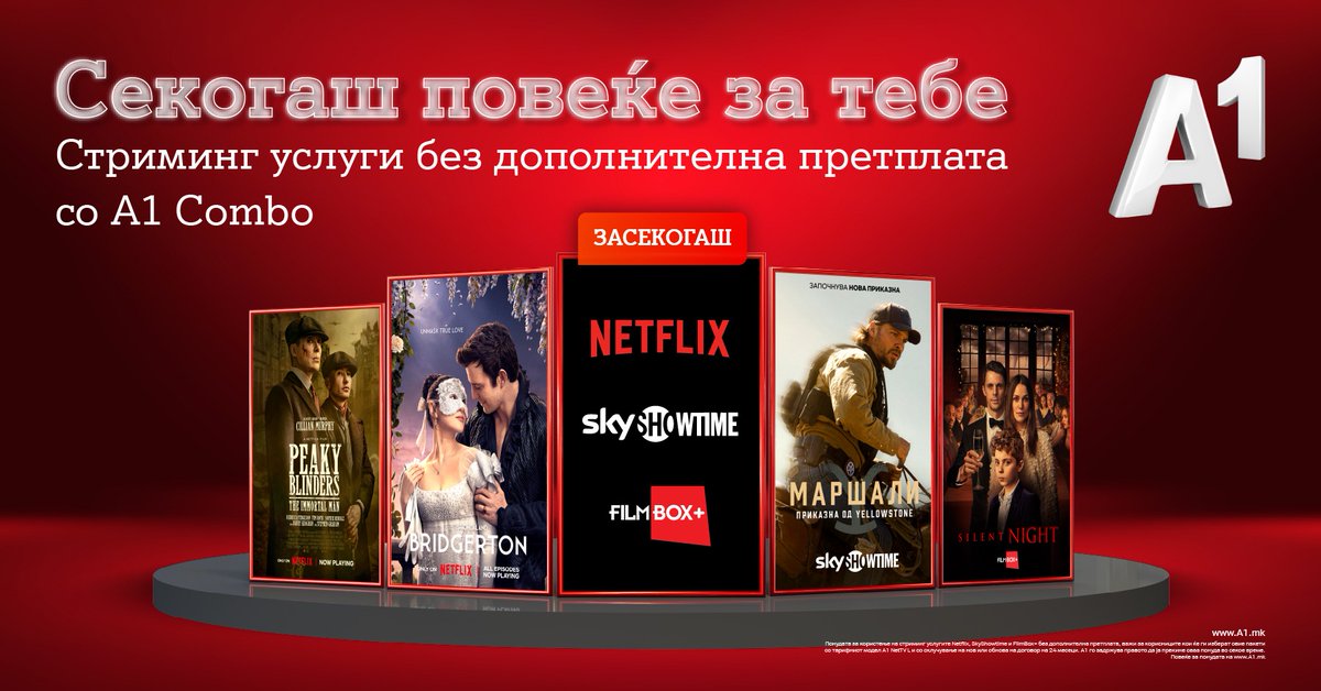 A1Makedonija's tweet photo. Секогаш повеќе за тебе!
Зачекори во светот на врвната забава и уживај во најпопуларните филмови и серии на омилените стриминг услуги. 
Одбери A1 Combo и гледај Netflix, SkyShowtime и Filmbox+ без дополнителна претплата ЗАСЕКОГАШ. 🎬