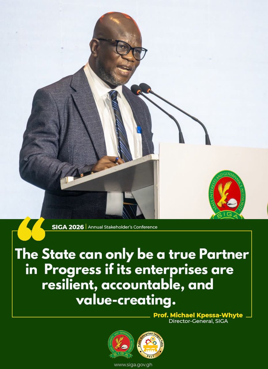 At the 2026 Annual Stakeholder Conference, Prof. Michael Kpessa-Whyte (D-G, SIGA) underscored the need for resilient, accountable, value-creating enterprises to drive national development.

#SIGA2026 #CorporateGovernance #SOEs