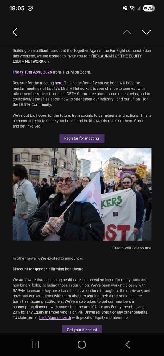 sister_sparrow's tweet photo. This makes me feel sick, my union, Equity,  is offering discounts for "gender affirming care". Im sick of paying to be in a union that hates women, lgb and supports medicating kids. What other options are there for us sane performers? #freedominthearts #equity #equityuk https://t.co/wcpw9LexB0