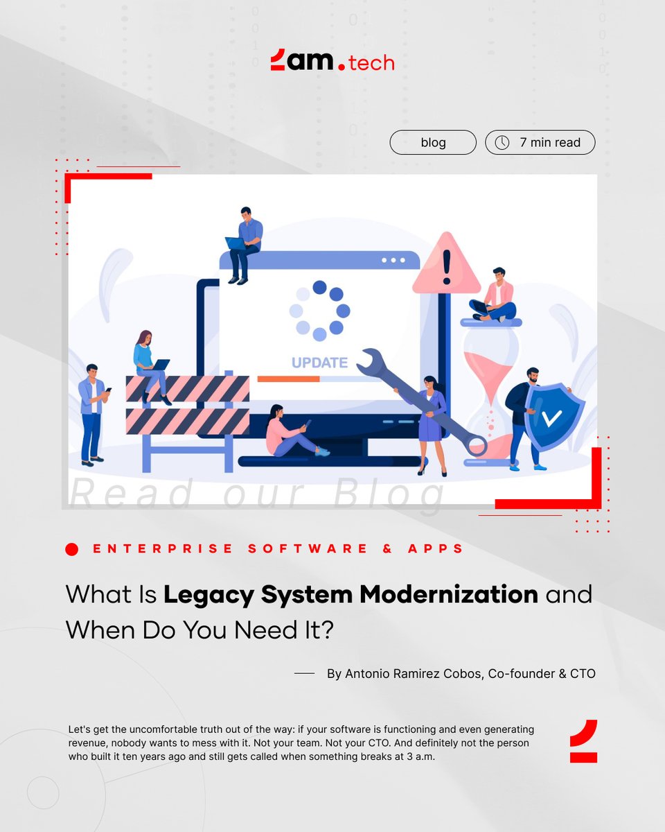 2amtech's tweet photo. Your system works… but that’s exactly why it’s dangerous.

Delaying legacy system modernization can cost more than money. Learn what's at stake and how to modernize incrementally, safely, and strategically before it becomes an emergency.

 👉Read more: https://t.co/cW5CEwWLgC https://t.co/nmRlPoN0gK