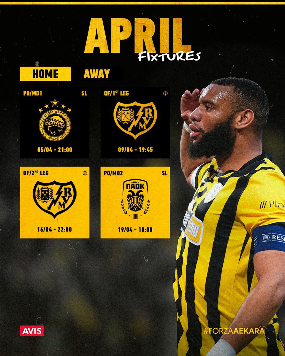 AEK_FC_OFFICIAL's tweet photo. 𝐀𝐩𝐫𝐢𝐥 𝐅𝐢𝐱𝐭𝐮𝐫𝐞𝐬 ⚫️🟡

#aekfc #aprilfixtures https://t.co/giqjdn8IgZ