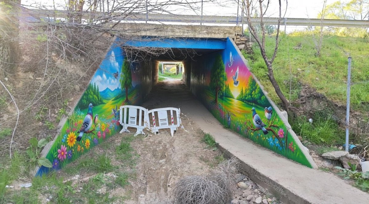 SenderismoGuada's tweet photo. Hay buenos y buenas artistas en la ciudad que podrían decorar esos túneles que la circundan.

Algunas ideas rápidas que genera cualquier IA. 
Palomas, olivar, cultivos... referencias a lo que hay al otro lado... https://t.co/TX8ZELXD1A