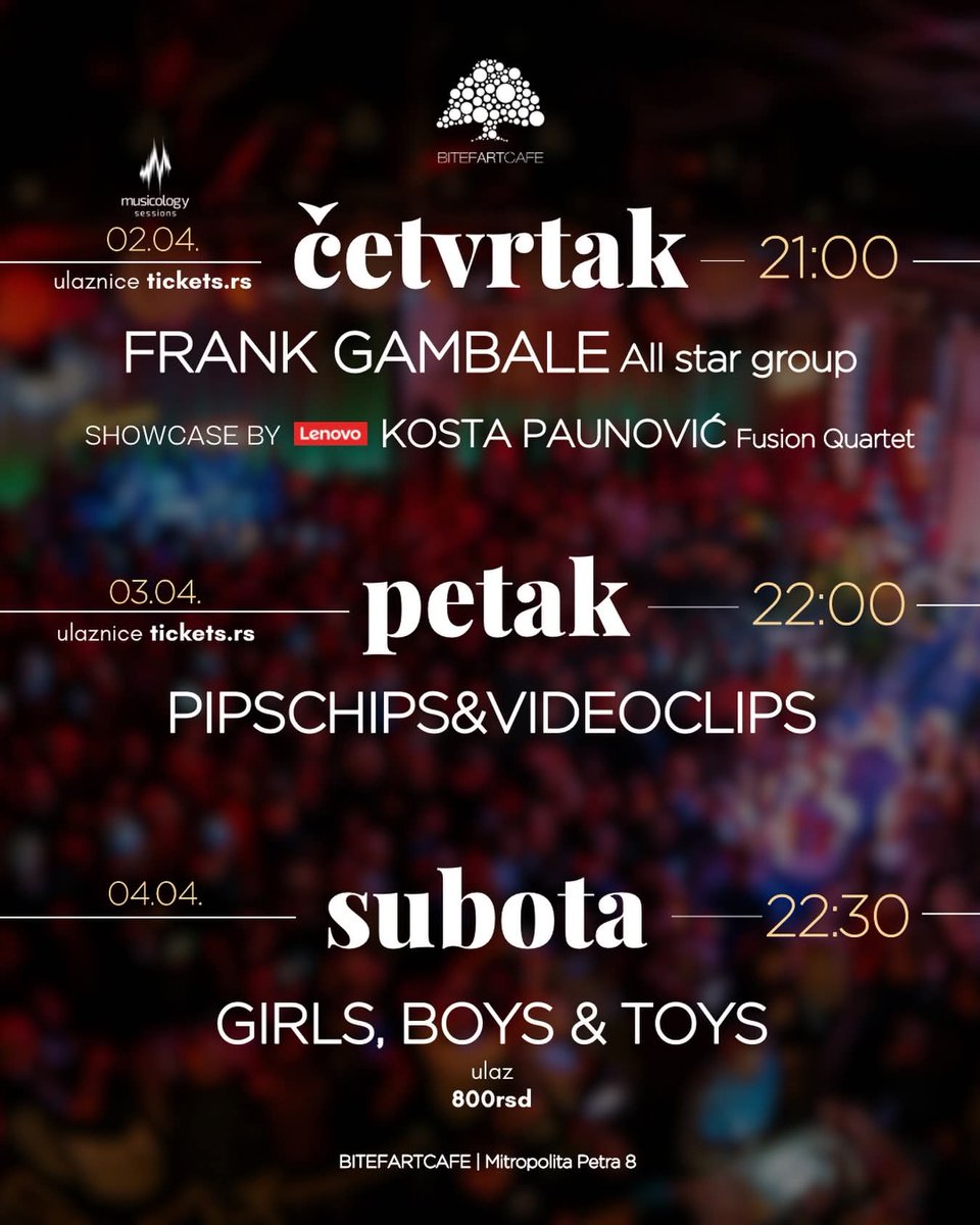 BitefArtCafe's tweet photo. Nije nam loš ovaj početak aprila, šta kažete? 🕺

Očekuju vas tri sjajna i potpuno različita programa ove nedelje 👇

Vidimo se na mestu gde muzika živi!🌟
Ulaznice: https://t.co/TYIF2RX3IM

https://t.co/5IdCGQUgXC
063 594 294
063 594 054

BitefArtCafe 
Mitropolita Petra 8 https://t.co/CsKNmEL6eW